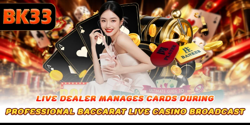Live dealer manages cards during professional Baccarat live casino broadcast 