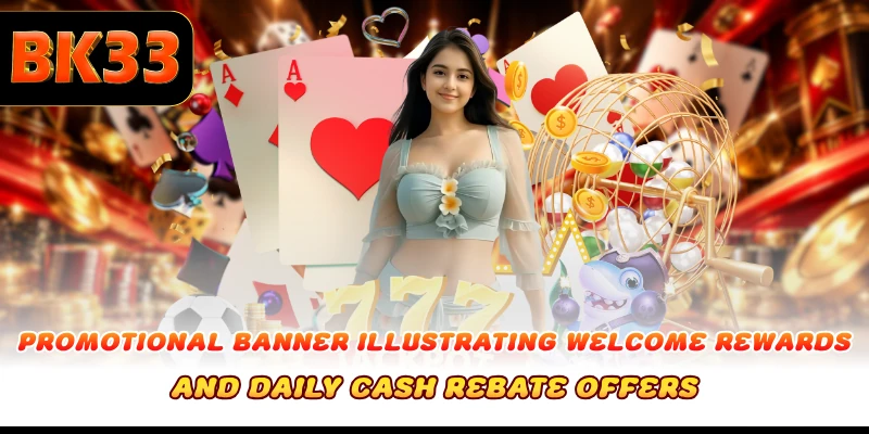 Promotional banner illustrating welcome rewards and daily cash rebate offers